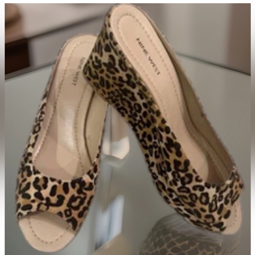 🐆NINE WEST🐆 LEOPARD FABRIC VTG PLATFORM PEEP-TOE WEDGE SLIDE ON SEXY SANDAL